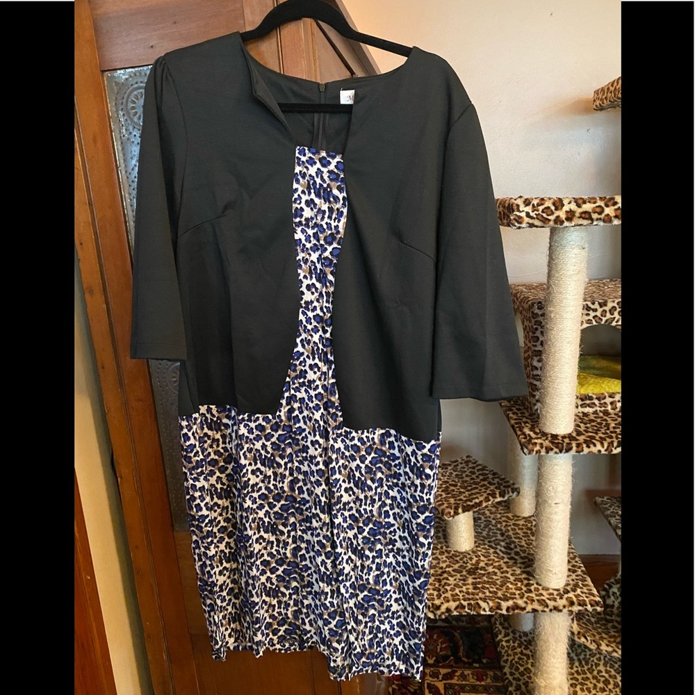 3/4 Sleeve Royal Blue, taupe and black leopard shift dress